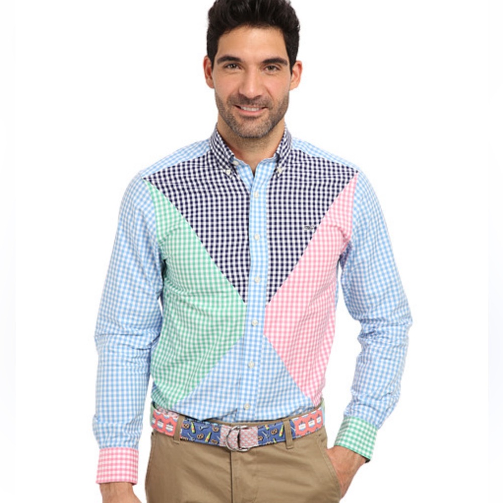 Vineyard Vines Shirt Men's Small Slim Fit Check Patchwork Blue Pink Green Preppy